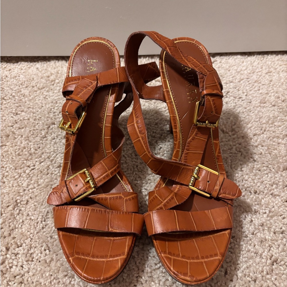 Ralph Lauren Brown Strappy Sandals with Gold Buckles